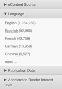 This image shows the filters on the left side of the catalog screen. "Language is selected" and shows a variety of languages to pick from. 